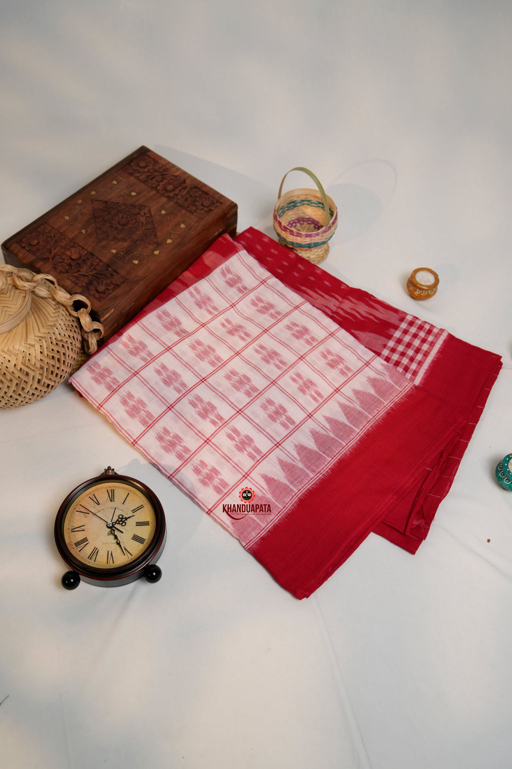 khanduapata Red & White Colour Pasapali Border Cotton Saree For Women - Distacart