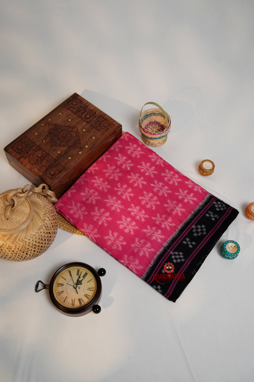 khanduapata Pink & Black Colour Flower Design Cotton Saree For Women - Distacart