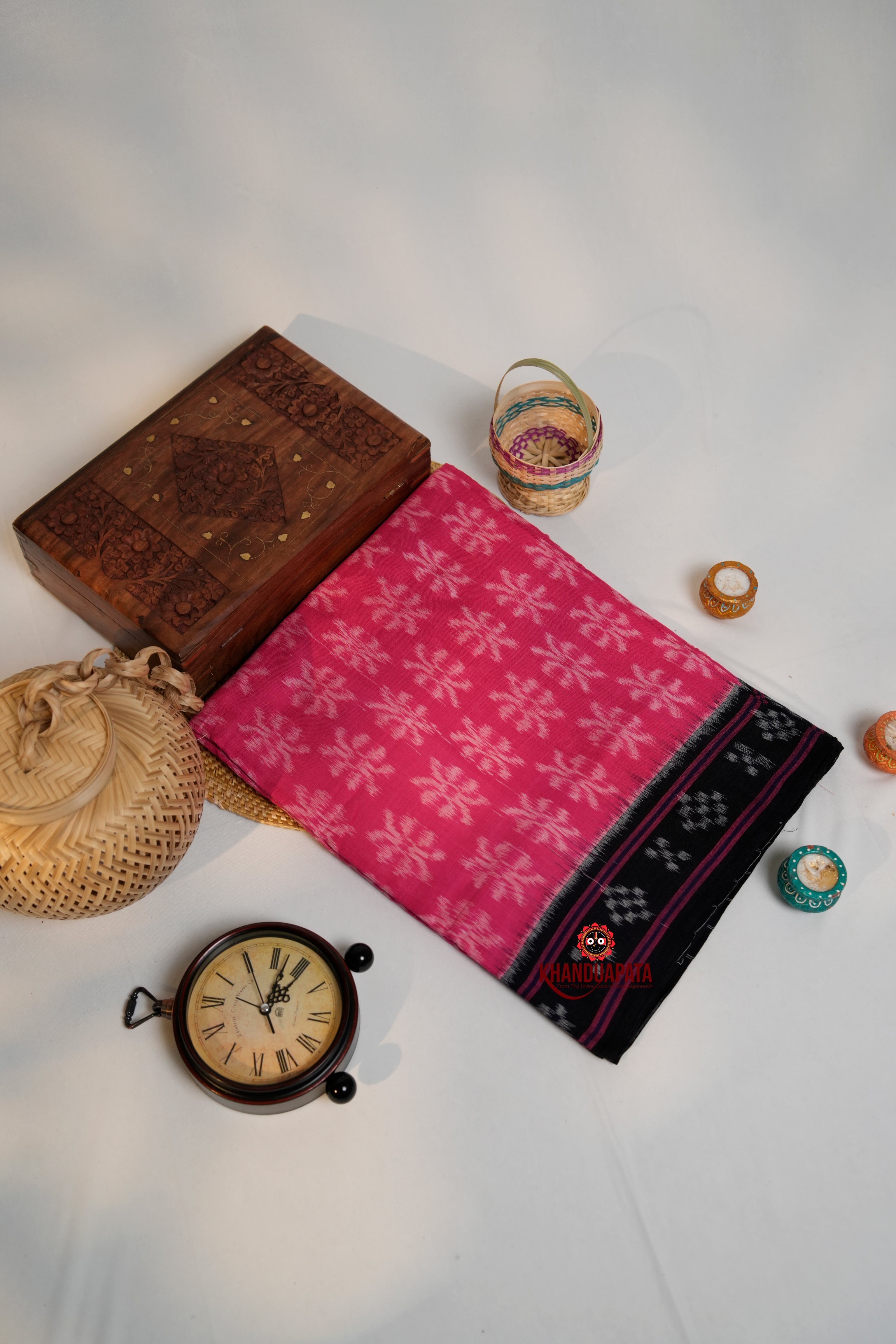 khanduapata Pink & Black Colour Flower Design Cotton Saree For Women - Distacart