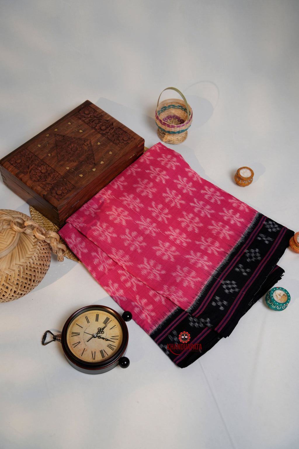 khanduapata Pink & Black Colour Flower Design Cotton Saree For Women - Distacart