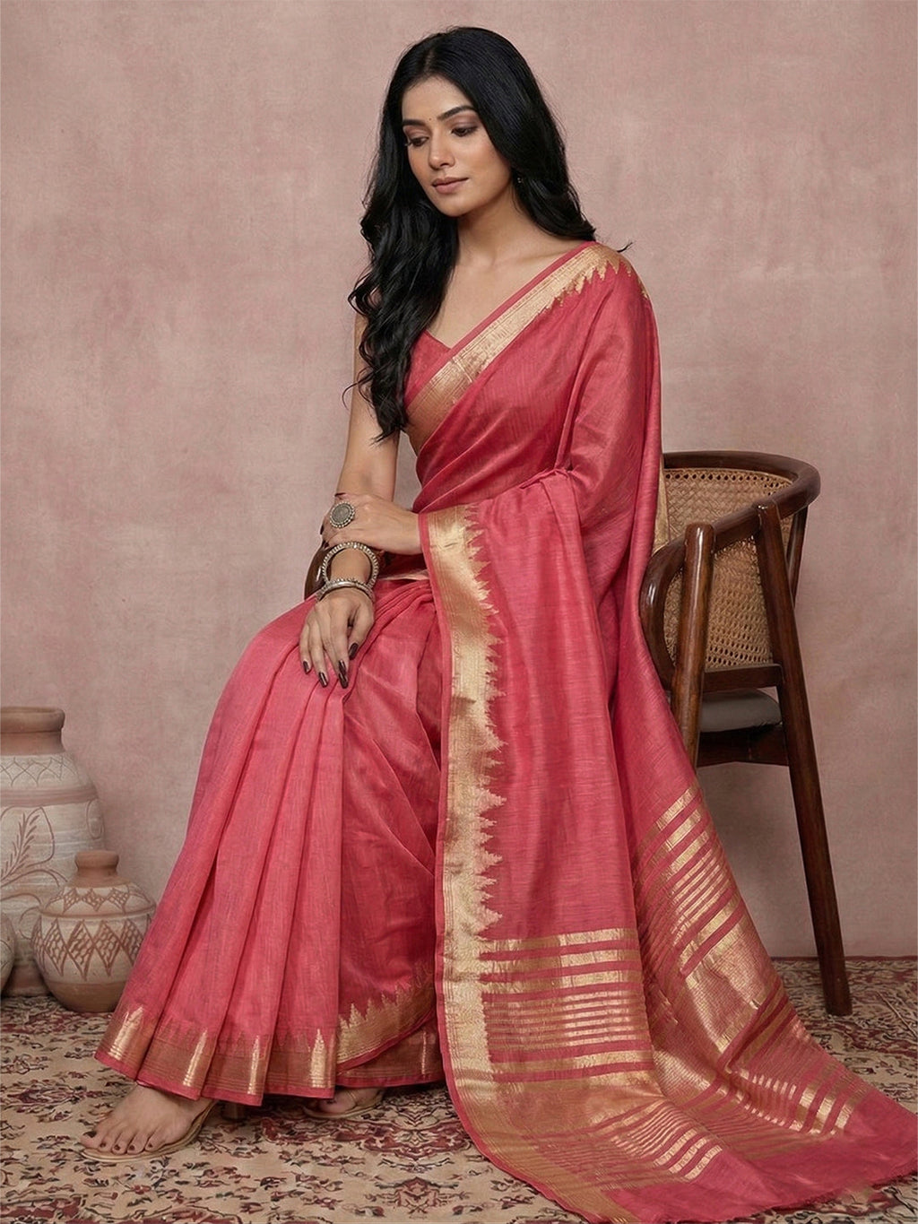 Anaita Coral Cotton Saree With Blouse - Distacart