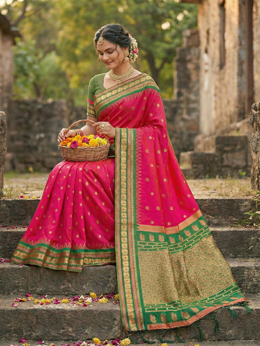 Anaita Coral Silk Woven Saree With Blouse - Distacart