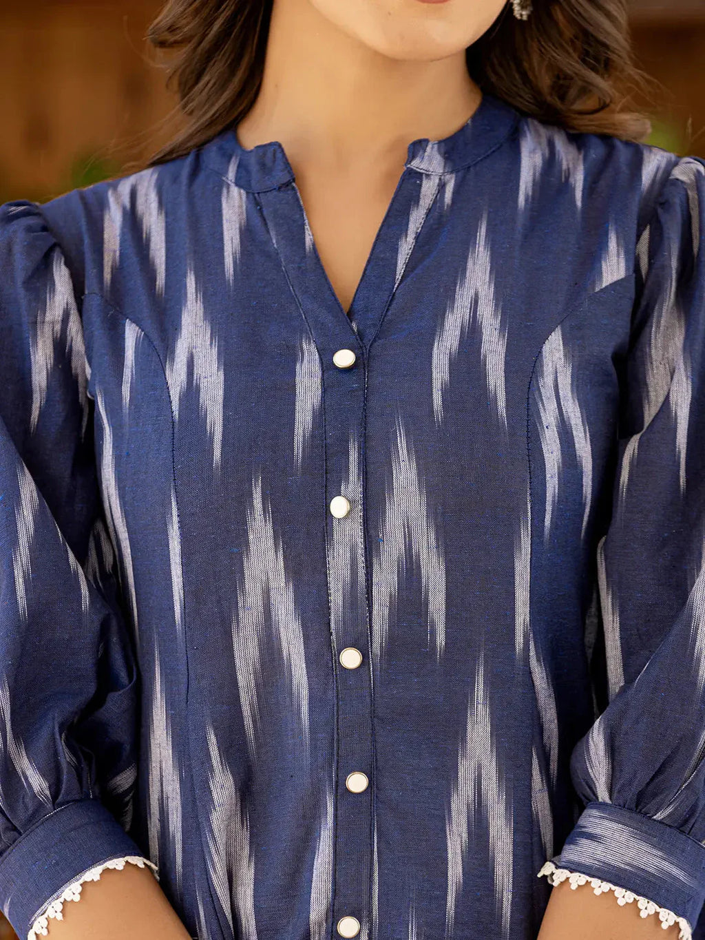 Yufta Cotton Blue Ikat Print Puffed Sleeve Tops