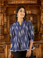 Yufta Cotton Blue Ikat Print Puffed Sleeve Tops