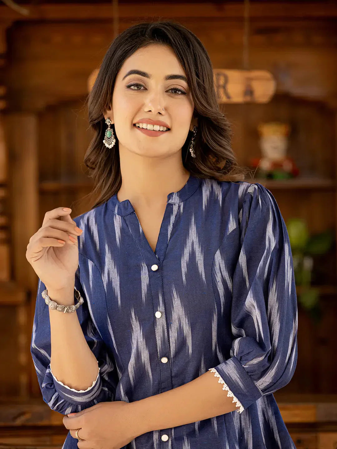 Yufta Cotton Blue Ikat Print Puffed Sleeve Tops