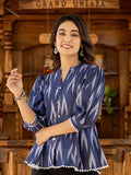 Yufta Cotton Blue Ikat Print Puffed Sleeve Tops