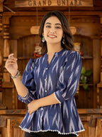 Yufta Cotton Blue Ikat Print Puffed Sleeve Tops