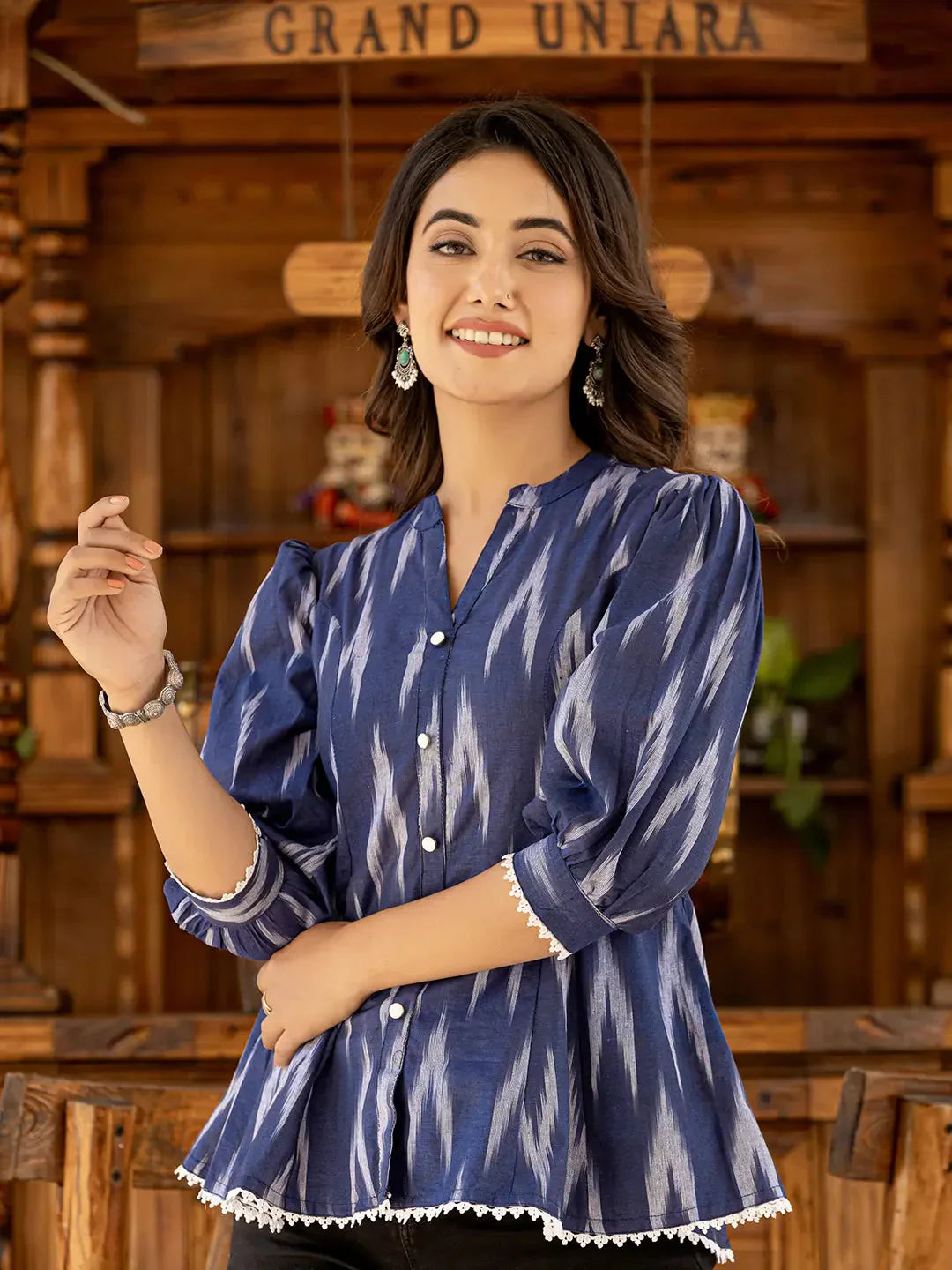 Yufta Cotton Blue Ikat Print Puffed Sleeve Tops