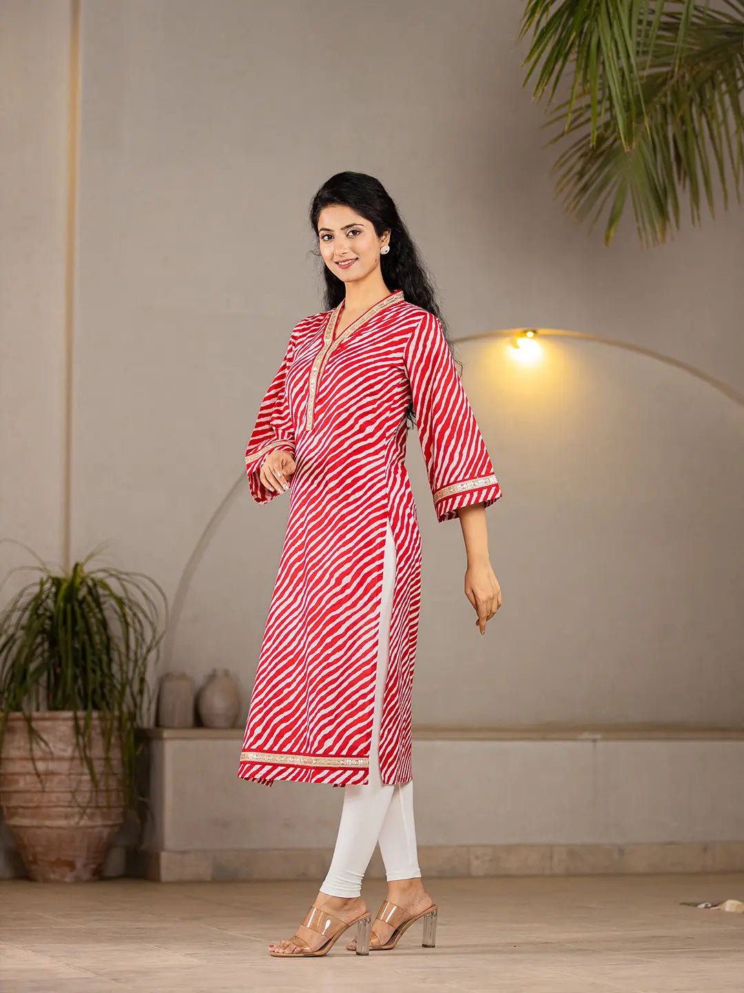 Yufta Cotton Red Leheriya Kurta
