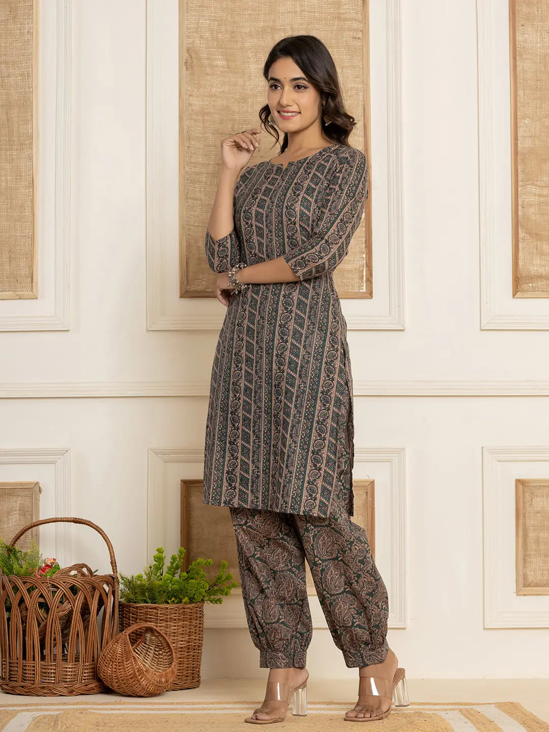 Yufta Cotton Teal Green Workwear Kurta Set With Comfortable Harem Pants