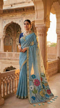 Vastranavya Sky Blue Muga Cotton Meenakari & Azarakh Pallu Saree with Contrast Blouse - Distacart