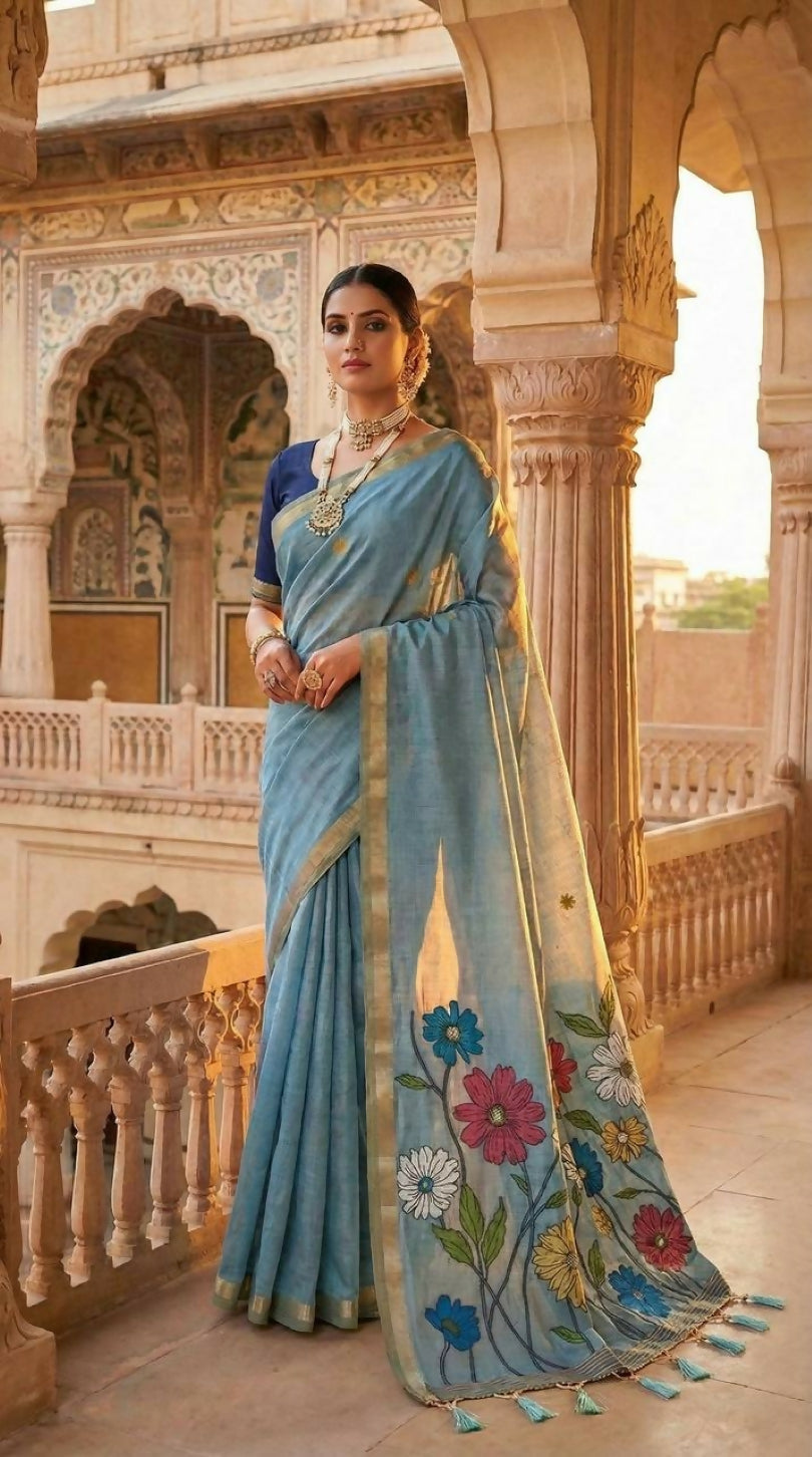 Vastranavya Sky Blue Muga Cotton Meenakari & Azarakh Pallu Saree with Contrast Blouse - Distacart