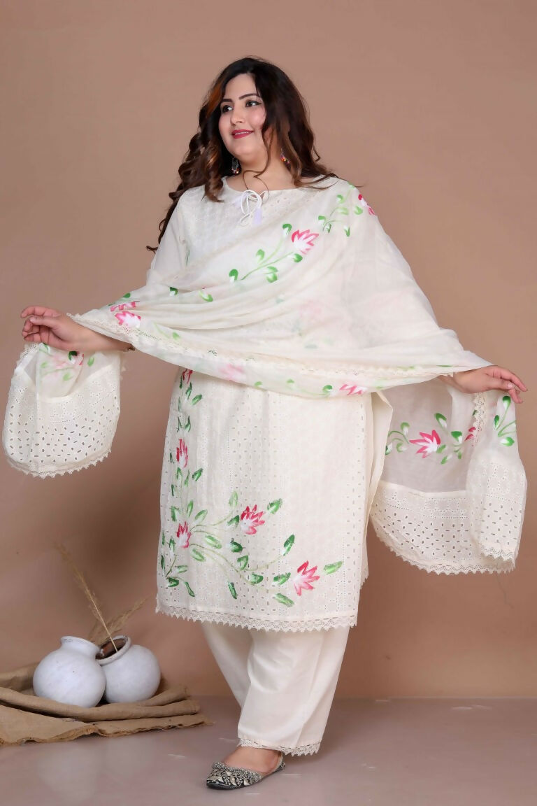 Miravan Women's Plus Size Cream Ethnic Motifs Hand Block Cotton Pakistani Kurta Palazzo With Dupatta
