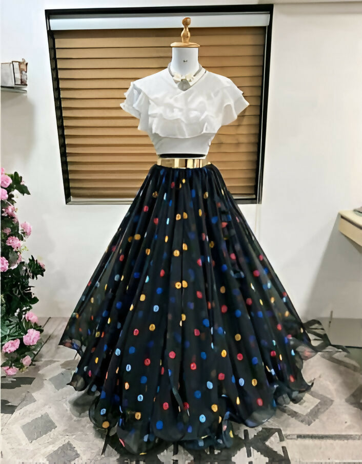 Dishitha Creation Color Dot Printed Stitched Lehenga & Crop Top - White & Black