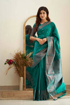 DEIANA'S Beautiful Designer Golden zari Soft Lichi Silk Saree - Rama