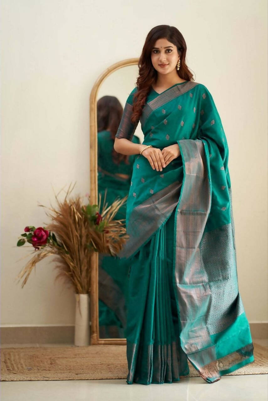 DEIANA'S Beautiful Designer Golden zari Soft Lichi Silk Saree - Rama