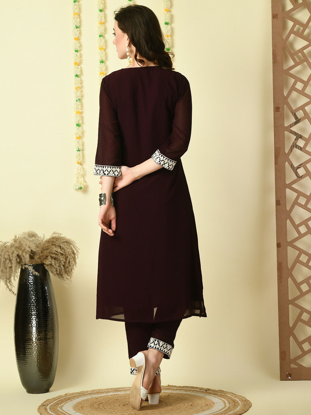 Myshka Women's Coffee Brown Georgette Kurta With Trousers Party Sets