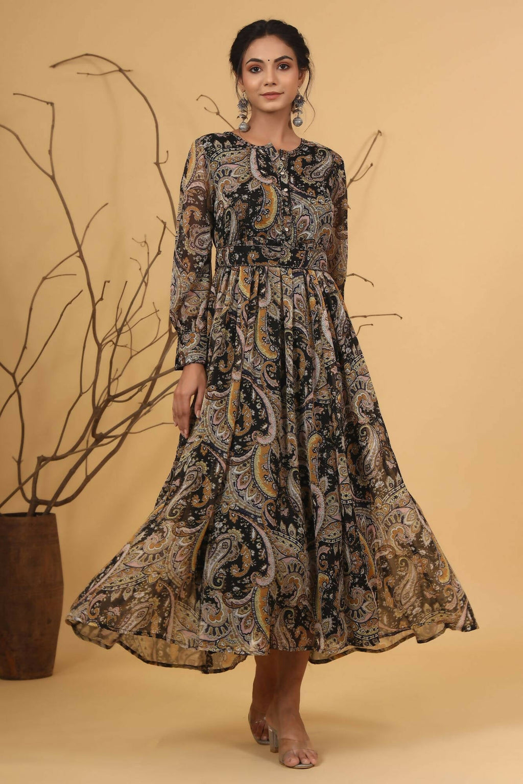 Juniper Women Black Chiffon Printed Flared Dress - Distacart