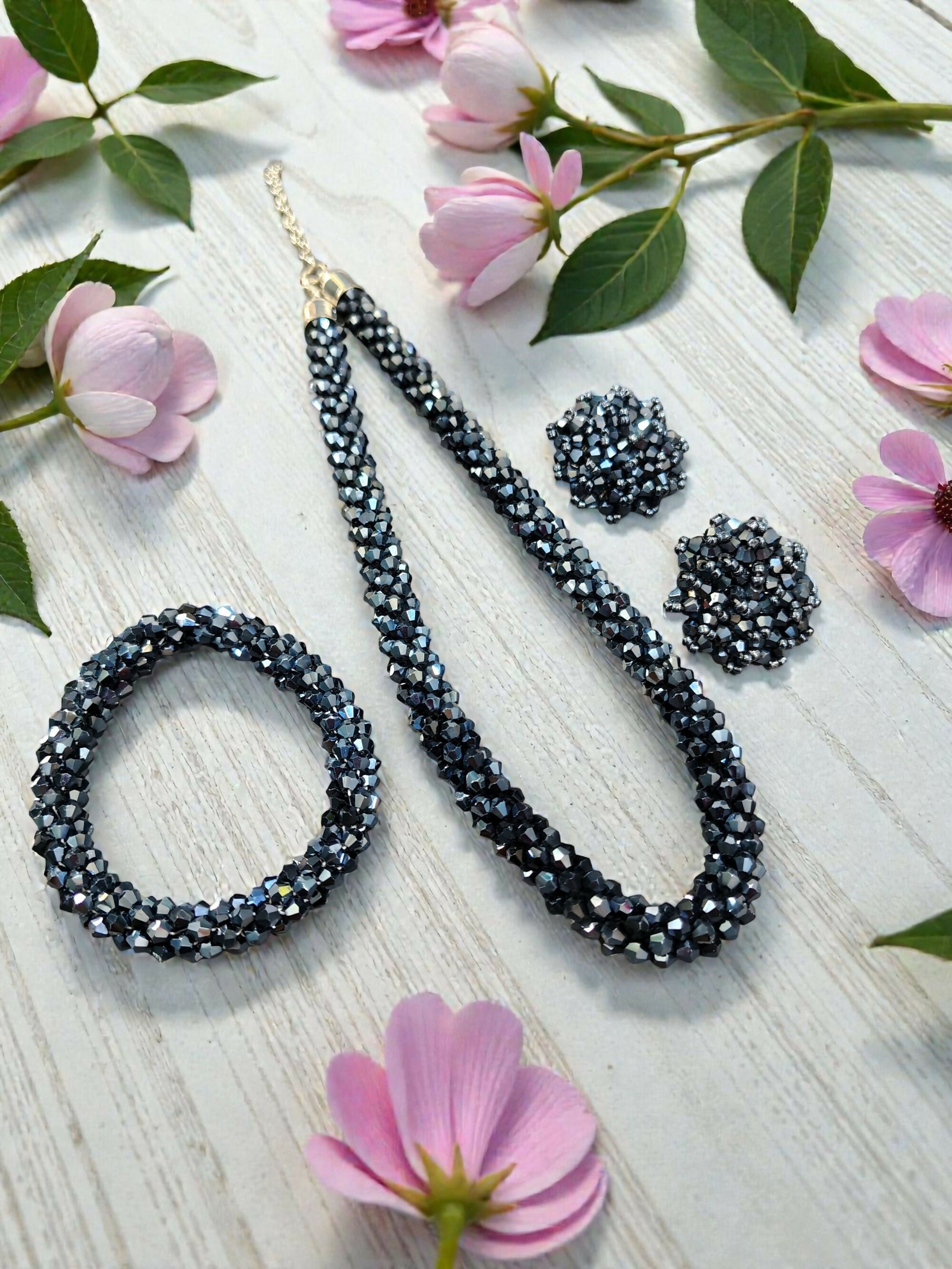 Inhanns Complete Look Crystal Statement 3-Piece Set (Adjustable Necklace + Earrings + Adjustable Bangle ) - Navy Blue