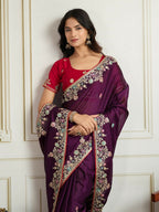 Ai Fashion Wine Rangoli Silk Embroidery Party Wear Saree - Distacart