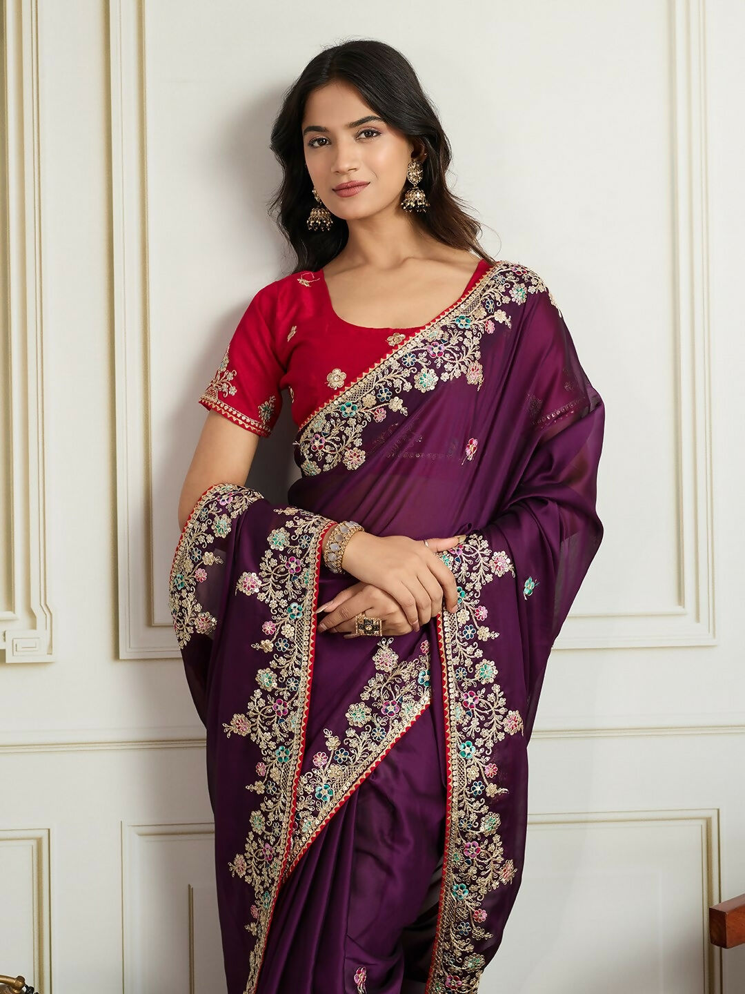 Ai Fashion Wine Rangoli Silk Embroidery Party Wear Saree - Distacart