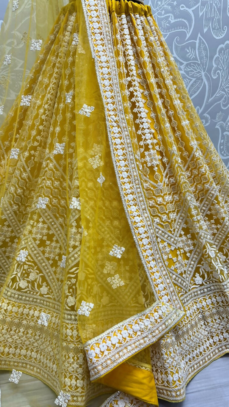Jyoti Fashion Women's Yellow Net Patterned Thread Embroidered with Sequins Wedding Lehenga Choli