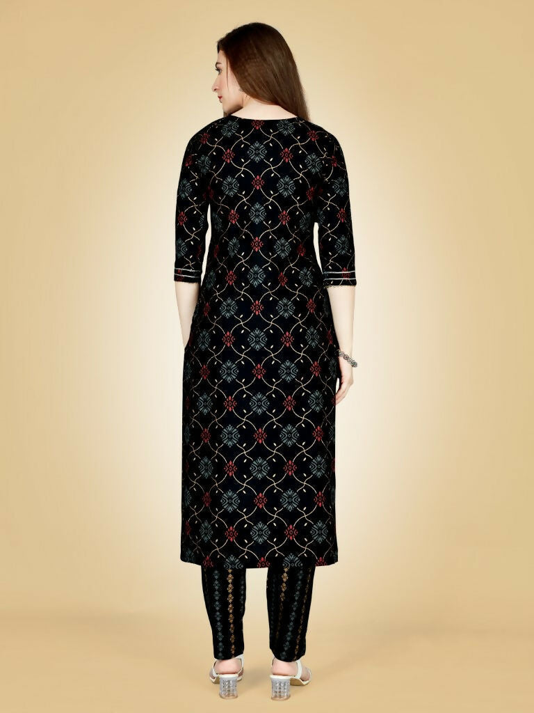 Jyoti Fashion Women's Black Viscose Rayon Embroidered Kurta Pant Set