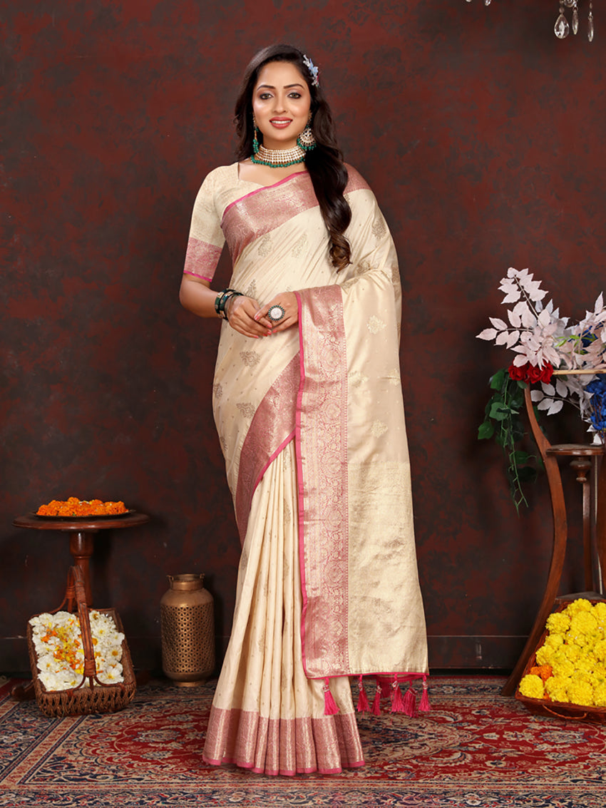Lorenvalley Fashion Cream Soft Katan Silk Woven Design Zari Weaving Pallu Saree