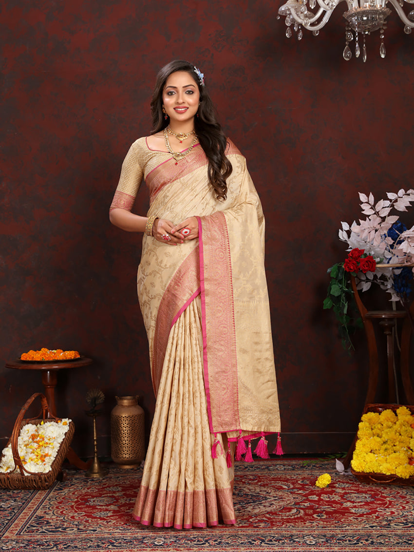 Lorenvalley Fashion Cream Soft Katan Silk Woven Design Zari Weaving Pallu Saree