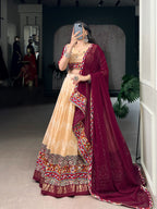 Lorenvalley Fashion Cream Tasar Silk Print with Foil Work and Real Mirror Gamthi Work with Lace Touch Up Lehenga Choli with Dupatta