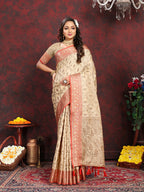 Lorenvalley Fashion Cream Soft Katan Silk Woven Design Rich Zari Weaving Pallu Saree