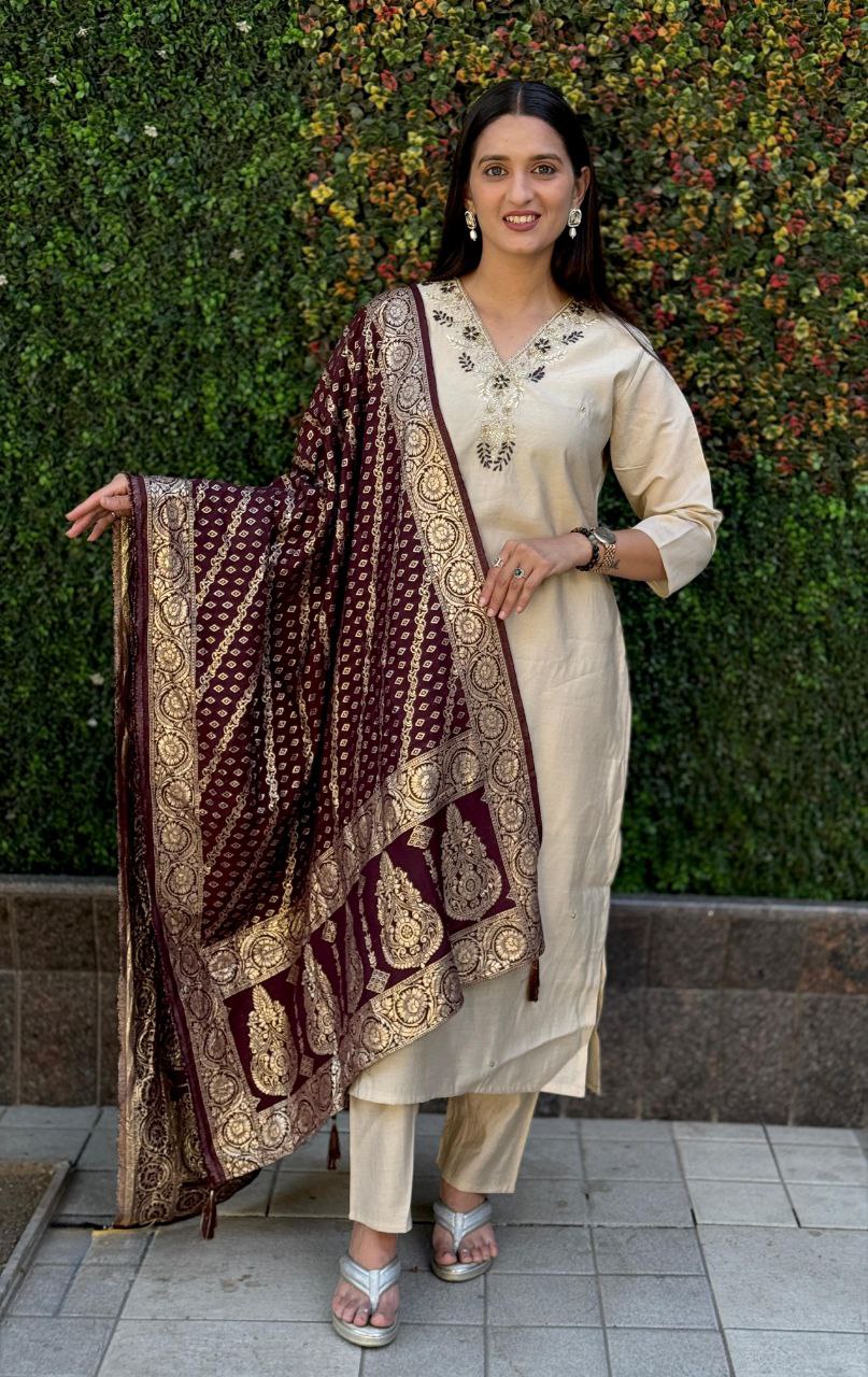Lorenvalley Fashion Cream Roman Silk Hand Work Kurta Pant with Dupatta - Distacart