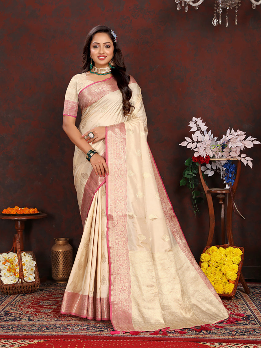 Lorenvalley Fashion Cream Soft Katan Silk Woven Design Zari Weaving Pallu Saree