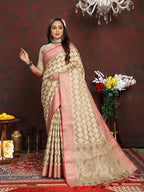 Lorenvalley Fashion Cream Soft Katan Silk Woven Design Rich Zari Weaving Pallu Saree