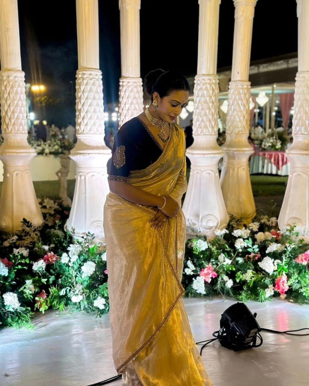 Evanik Cream Crush Tissue Silk Saree with Velvet Embroidery Stitched Blouse