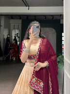 Lorenvalley Fashion Cream Tasar Silk Print with Foil Work and Real Mirror Gamthi Work with Lace Touch Up Lehenga Choli with Dupatta