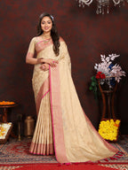 Lorenvalley Fashion Cream Soft Katan Silk Woven Design Zari Weaving Pallu Saree