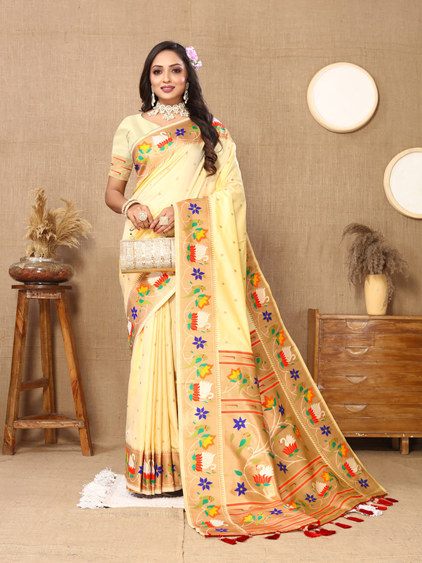 Lorenvalley Fashion Cream Soft Paithani Silk Woven Design Rich Zari Meenakari Weaving Saree