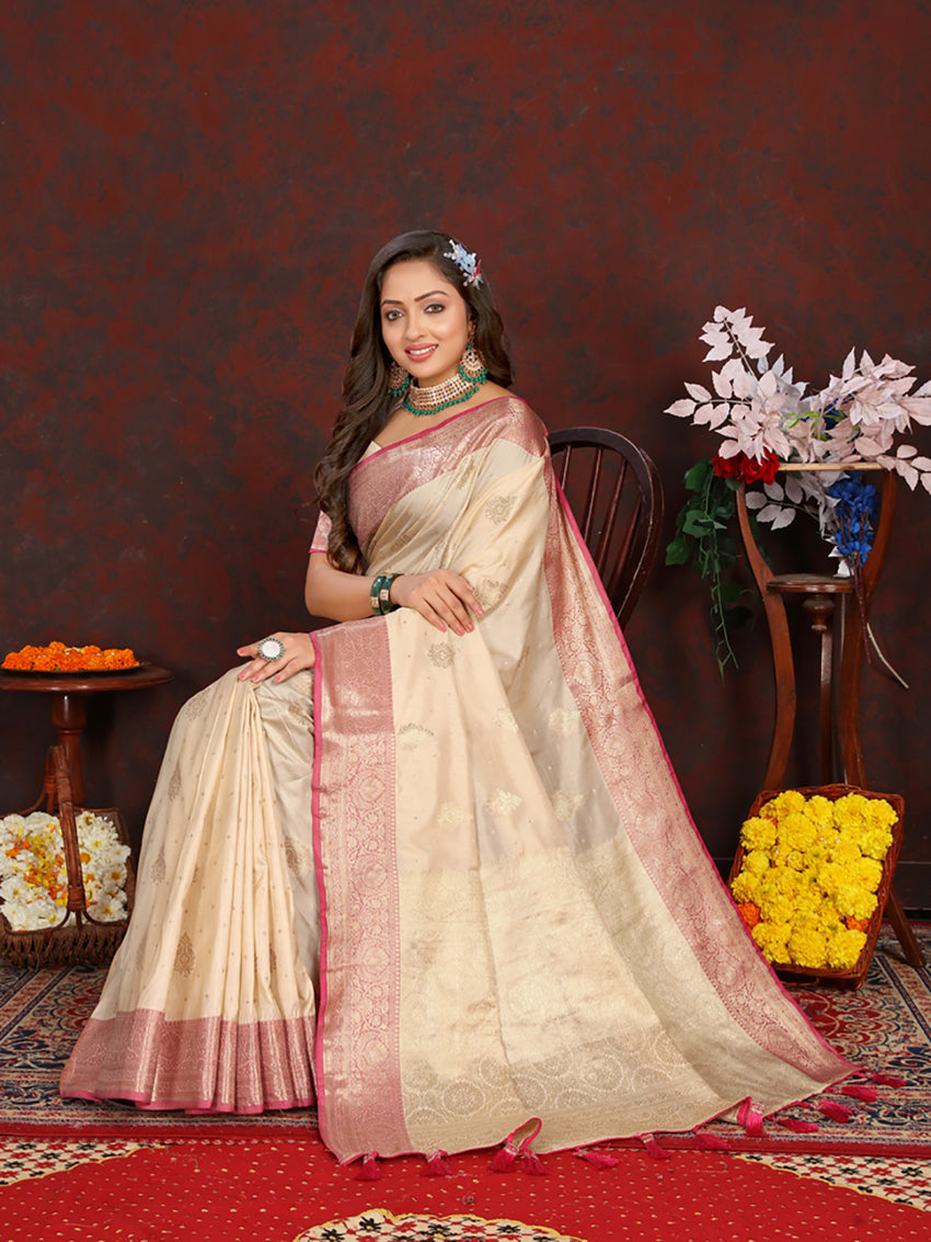 Lorenvalley Fashion Cream Soft Katan Silk Woven Design Zari Weaving Pallu Saree