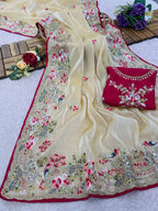 Evanik Pure soft zimmy choo silk embroidery Sequence work Saree with UnStitched Blouse - Distacart