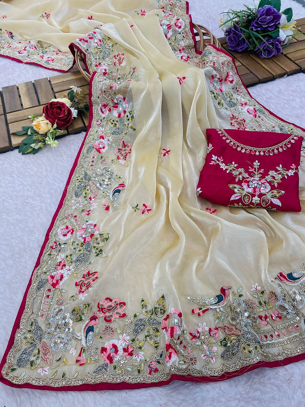 Evanik Pure soft zimmy choo silk embroidery Sequence work Saree with UnStitched Blouse - Distacart