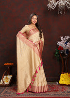 Lorenvalley Fashion Cream Soft Katan Silk Woven Design Zari Weaving Pallu Saree