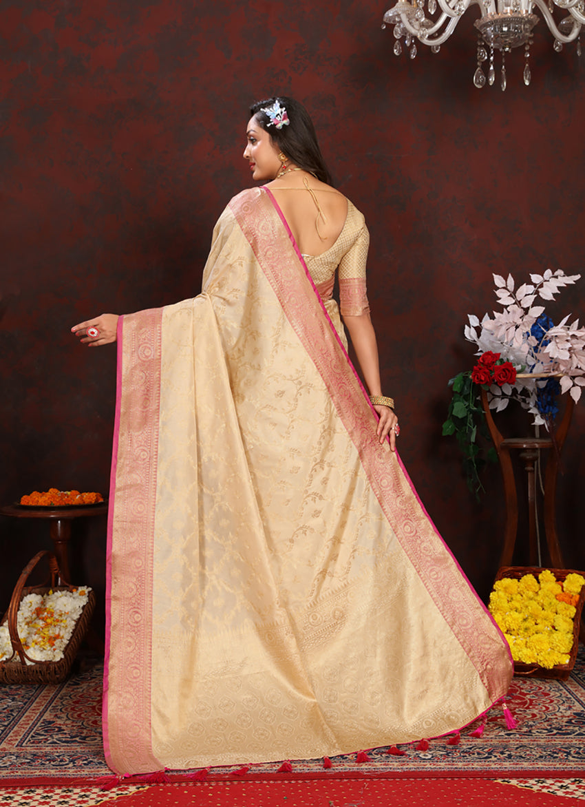 Lorenvalley Fashion Cream Soft Katan Silk Woven Design Zari Weaving Pallu Saree