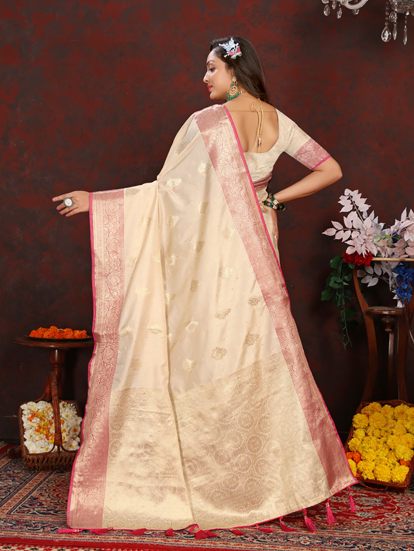 Lorenvalley Fashion Cream Soft Katan Silk Woven Design Zari Weaving Pallu Saree