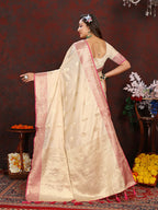 Lorenvalley Fashion Cream Soft Katan Silk Woven Design Zari Weaving Pallu Saree