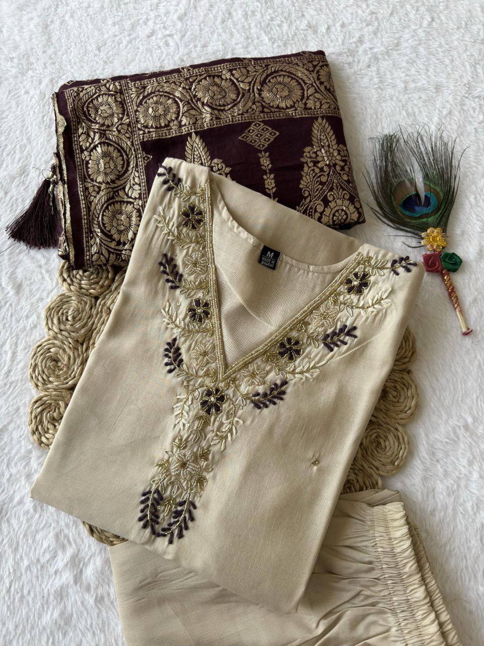 Lorenvalley Fashion Cream Roman Silk Hand Work Kurta Pant with Dupatta - Distacart
