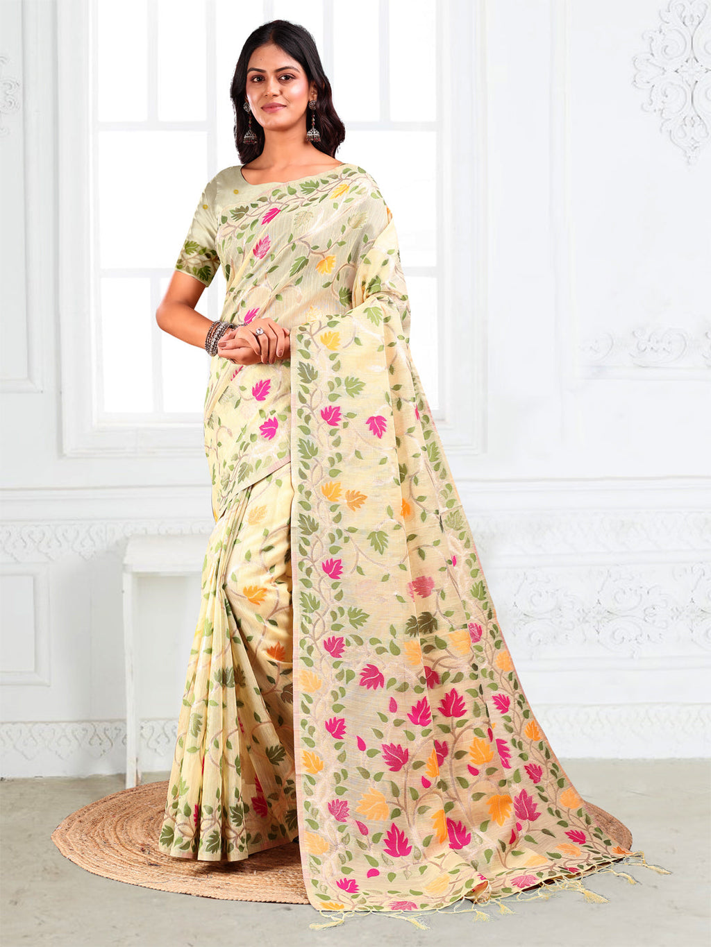 Anaita Cream Linen Printed Saree With Blouse - Distacart