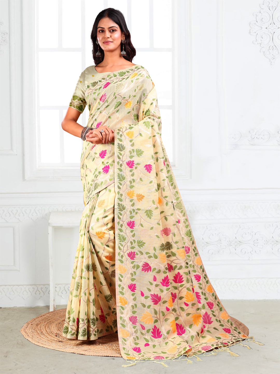 Anaita Cream Linen Printed Saree With Blouse - Distacart