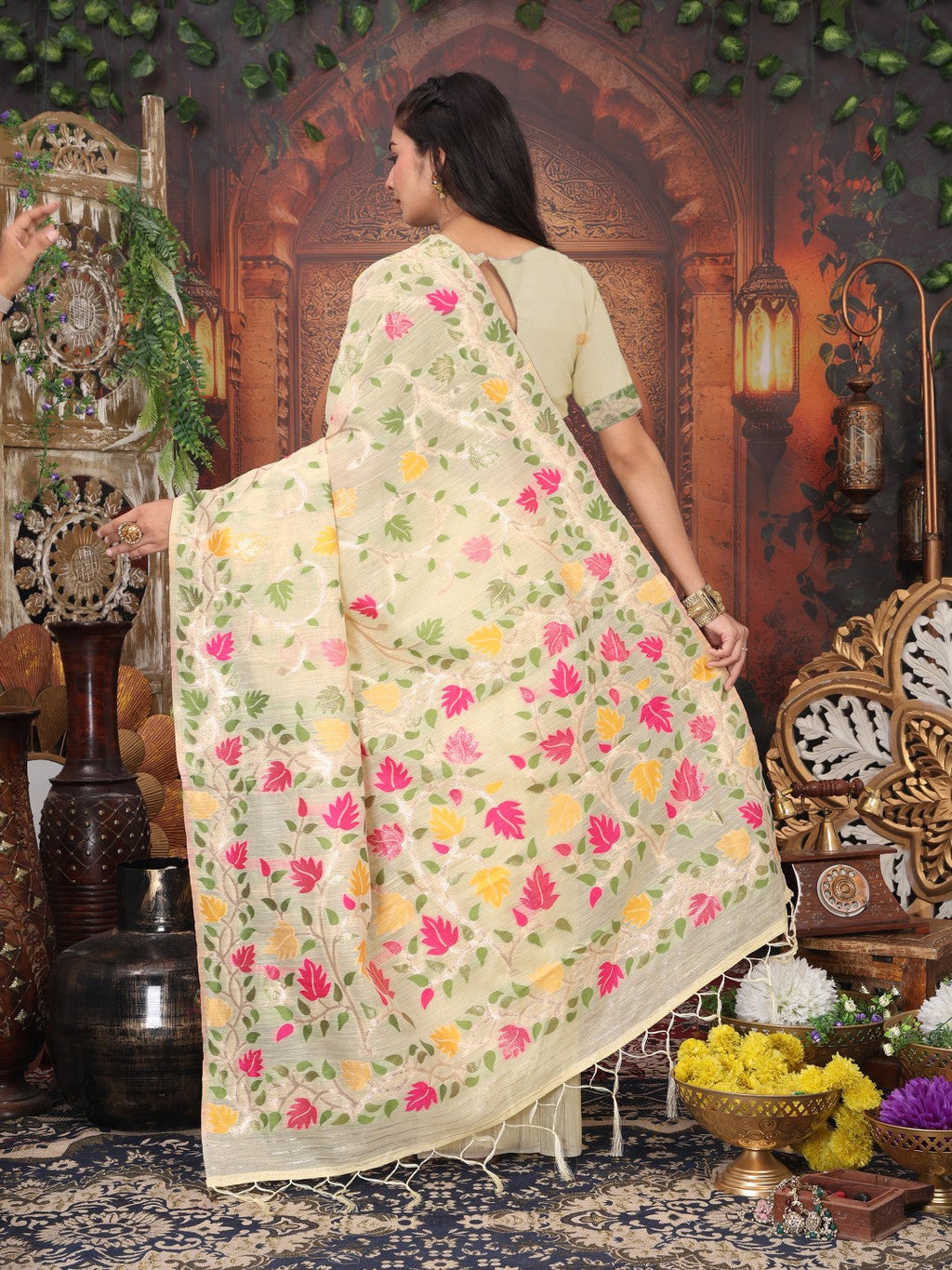 Anaita Cream Linen Printed Saree With Blouse - Distacart