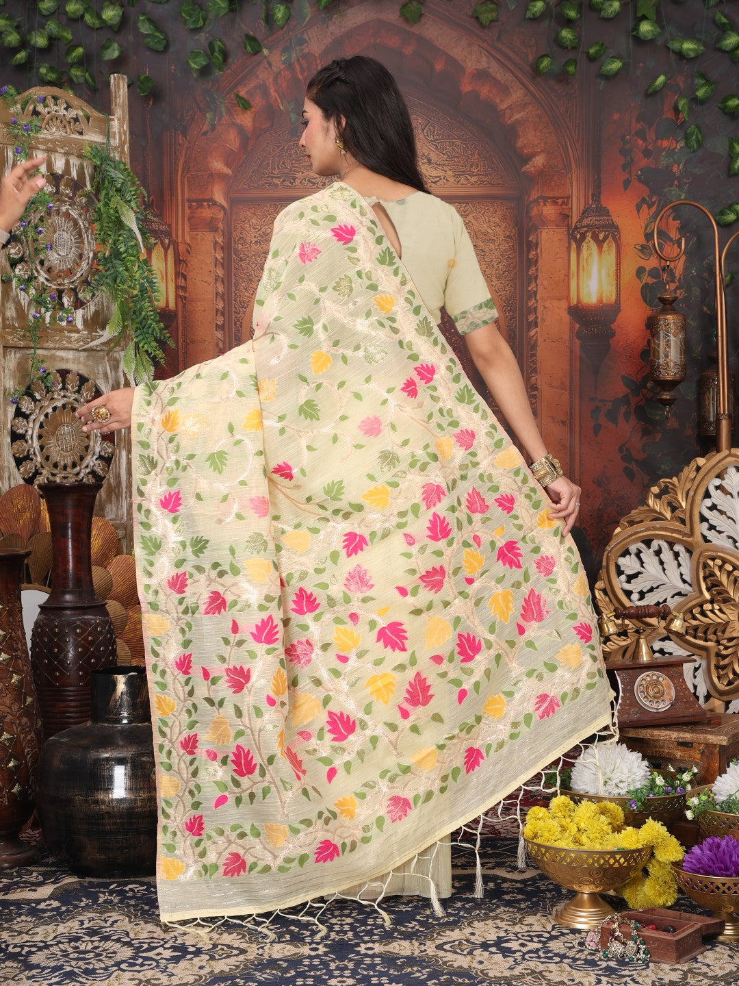 Anaita Cream Linen Printed Saree With Blouse - Distacart